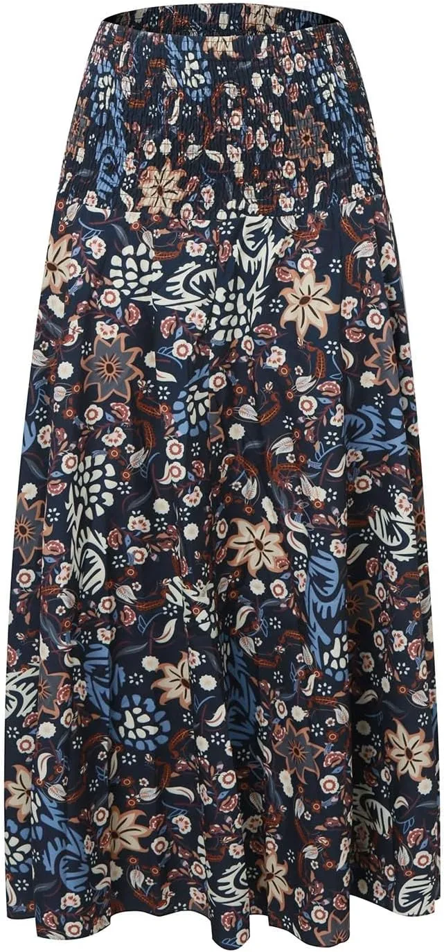 Long Skirts for Women Summer Bohemian Lace Up Floral Print Flowy Long Skirt Beach Casual Maxi Skorts Vacation