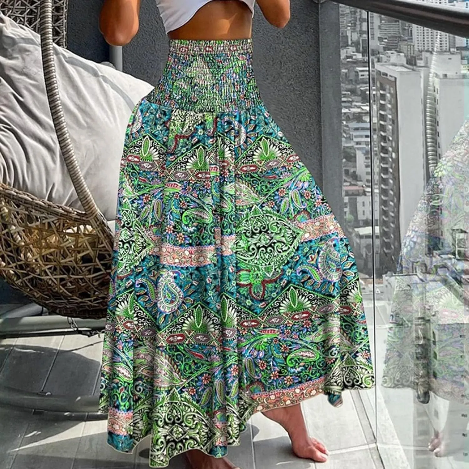Long Skirts for Women Summer Bohemian Lace Up Floral Print Flowy Long Skirt Beach Casual Maxi Skorts Vacation