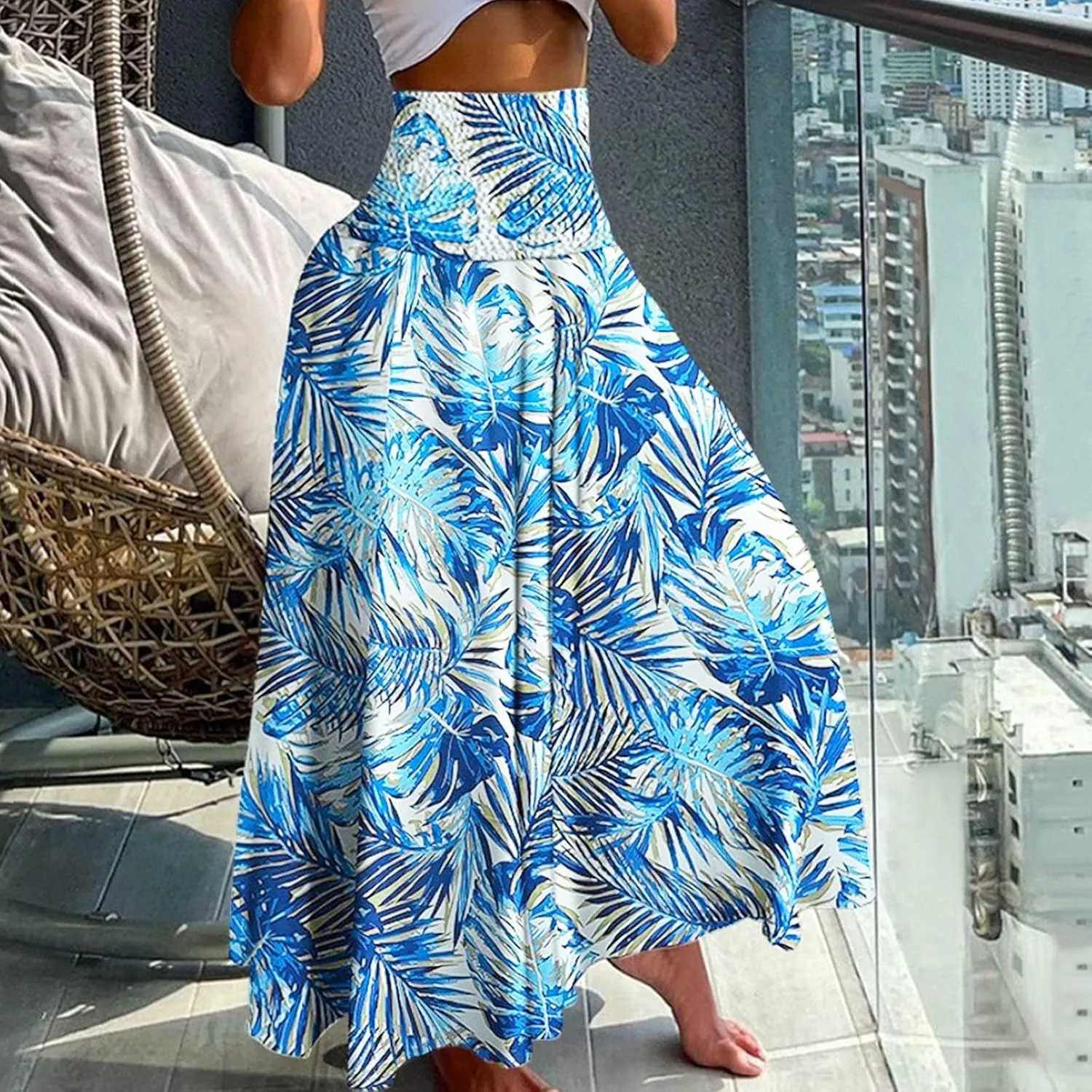 Long Skirts for Women Summer Bohemian Lace Up Floral Print Flowy Long Skirt Beach Casual Maxi Skorts Vacation