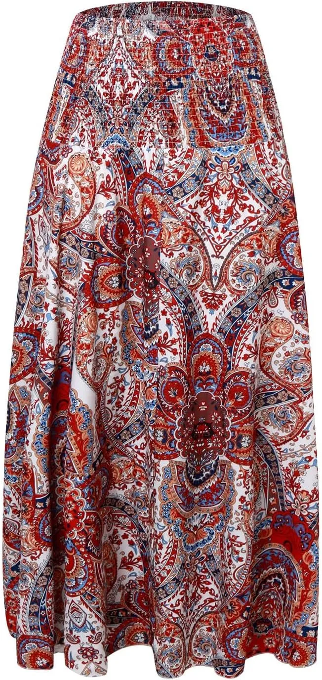Long Skirts for Women Summer Bohemian Lace Up Floral Print Flowy Long Skirt Beach Casual Maxi Skorts Vacation