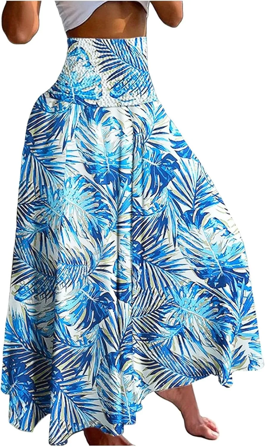 Long Skirts for Women Summer Bohemian Lace Up Floral Print Flowy Long Skirt Beach Casual Maxi Skorts Vacation