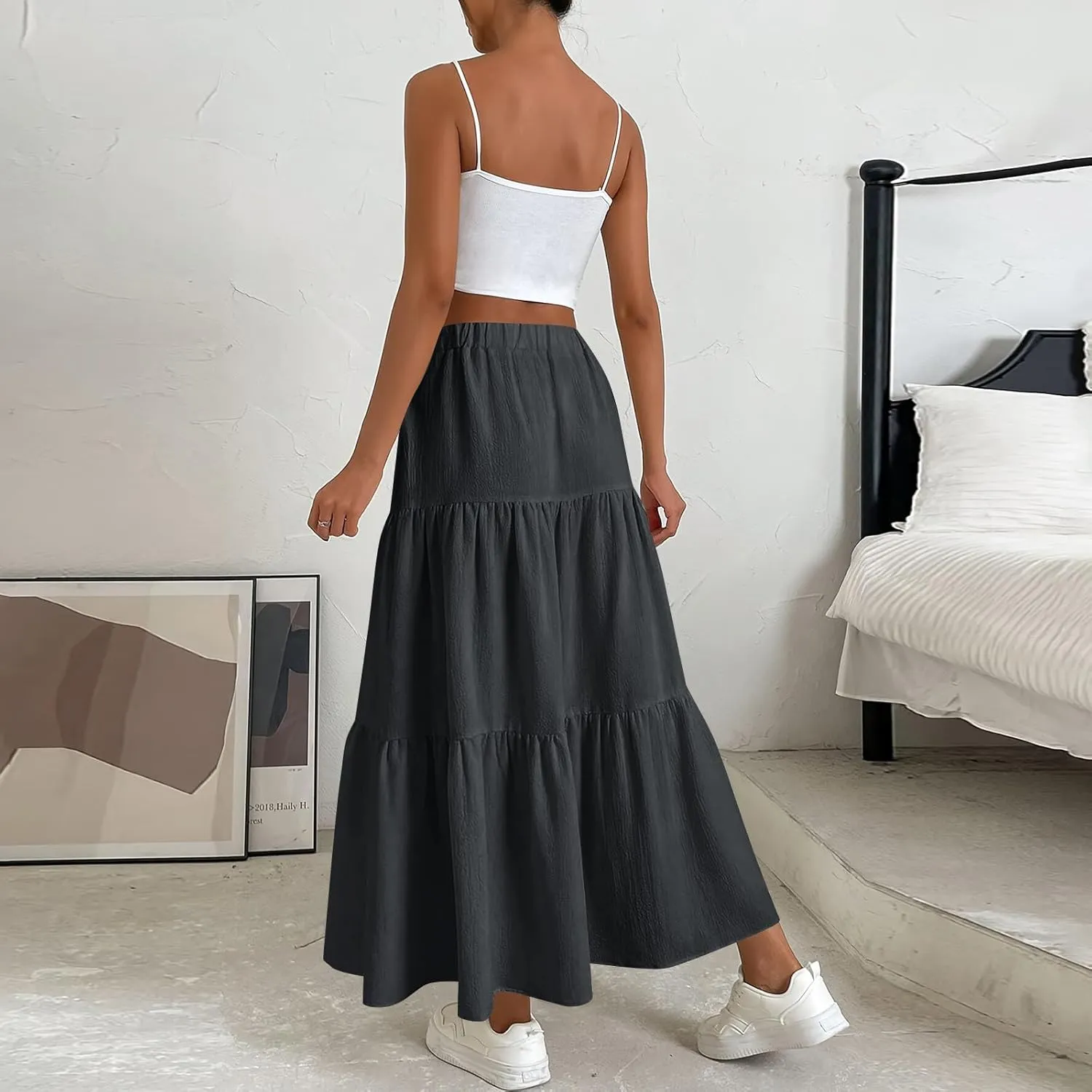 Long Skirts for Women Summer Maxi Skirt Drawstring Elastic High Waisted Layered Tiered A-Line Skirts Swing Skirt