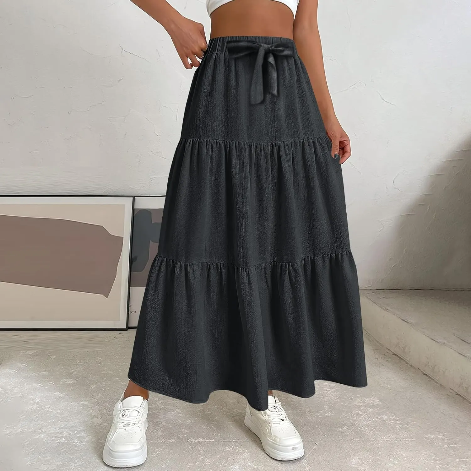 Long Skirts for Women Summer Maxi Skirt Drawstring Elastic High Waisted Layered Tiered A-Line Skirts Swing Skirt