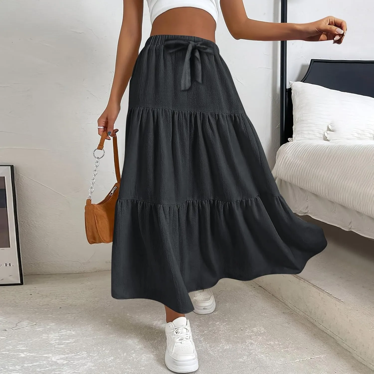 Long Skirts for Women Summer Maxi Skirt Drawstring Elastic High Waisted Layered Tiered A-Line Skirts Swing Skirt