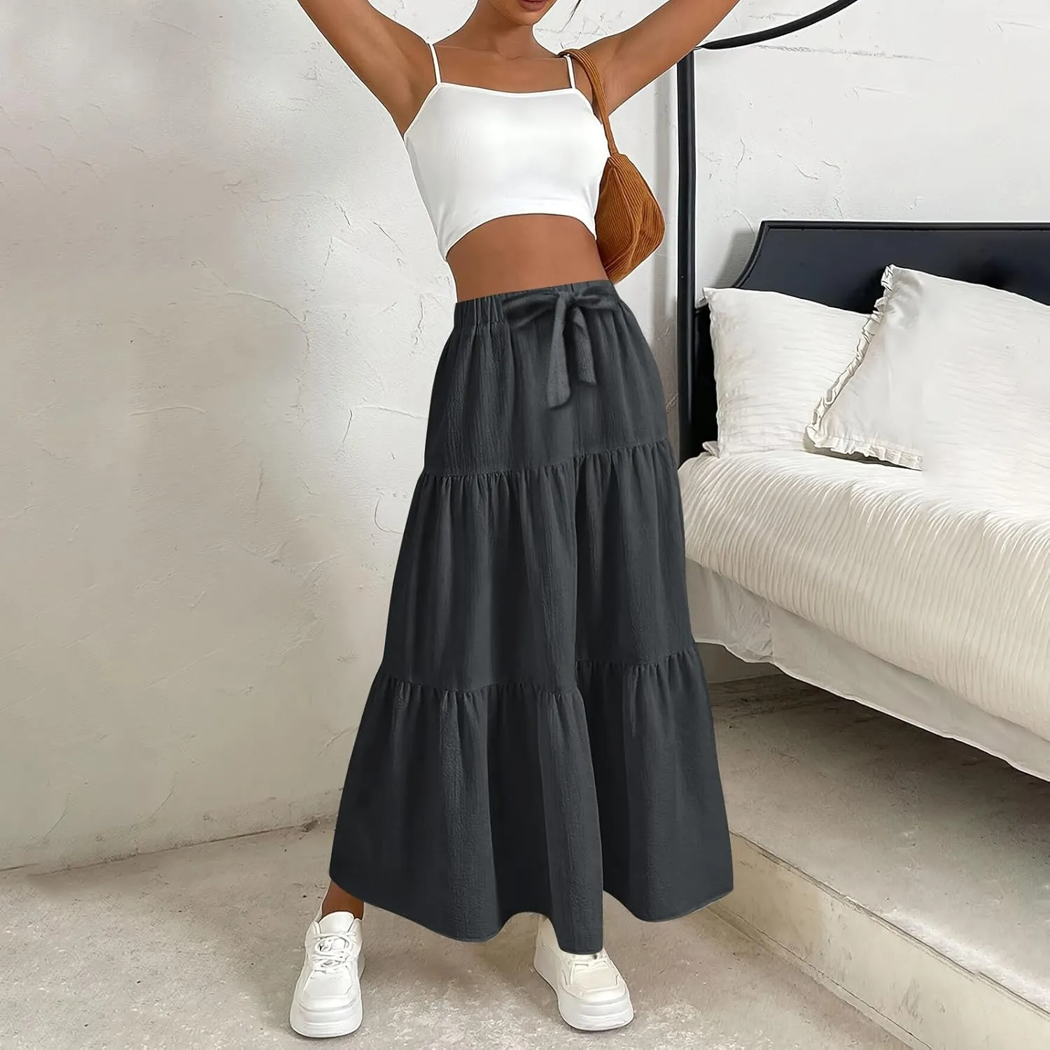Long Skirts for Women Summer Maxi Skirt Drawstring Elastic High Waisted Layered Tiered A-Line Skirts Swing Skirt