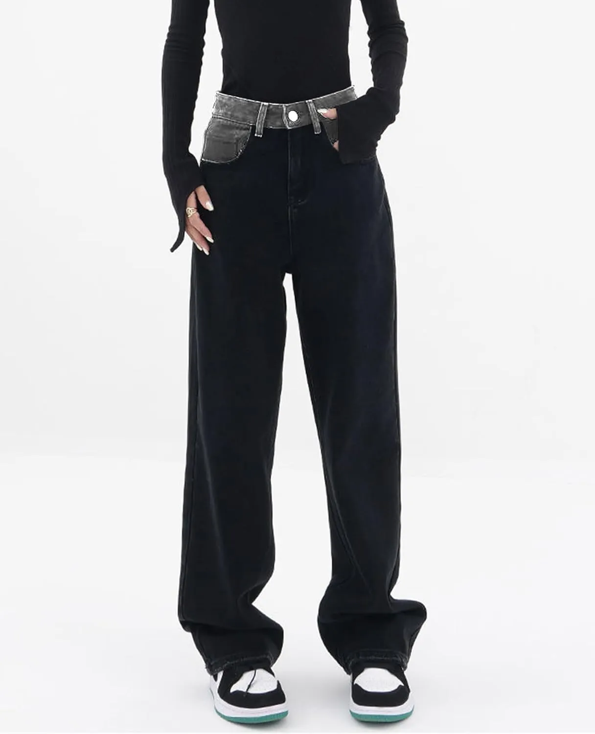 LONGBIDA Baggy Jeans for Women High Waisted Y2K Stretch Wide Leg Straight Jeans Casual Boyfriend Denim Pants