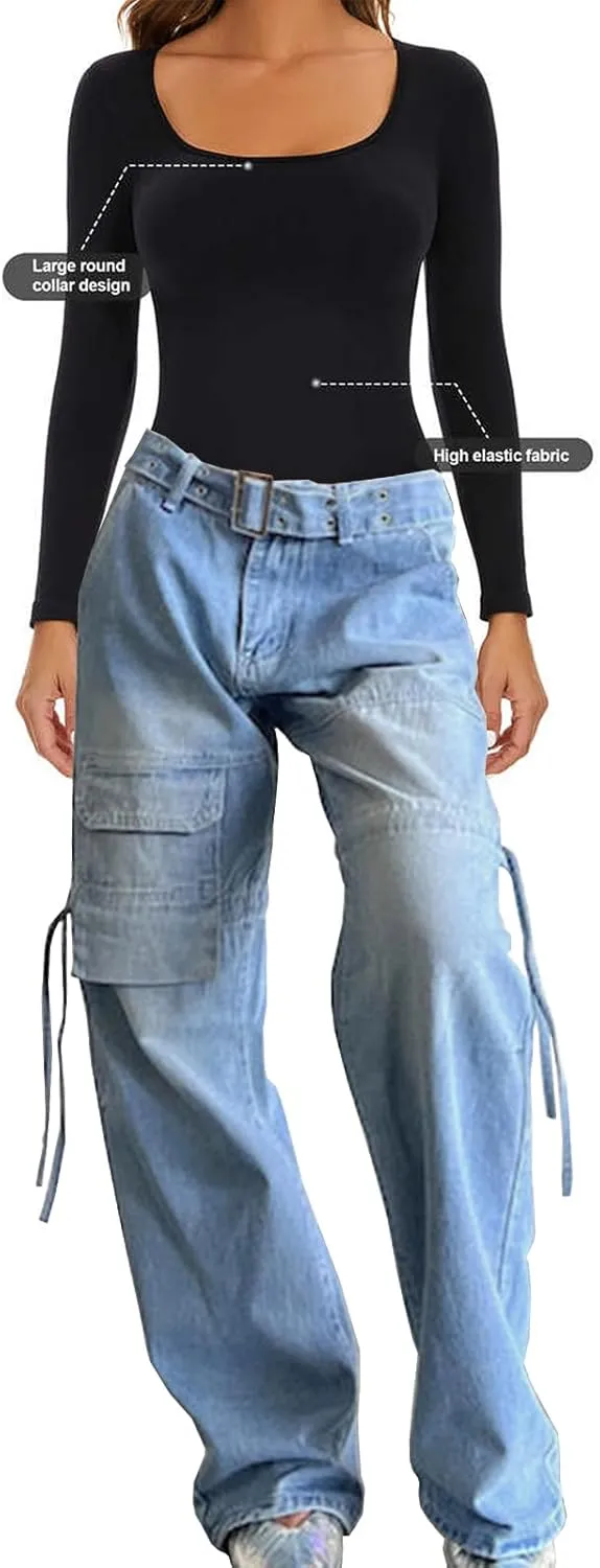 LONGBIDA Baggy Jeans for Women High Waisted Y2K Stretch Wide Leg Straight Jeans Casual Boyfriend Denim Pants