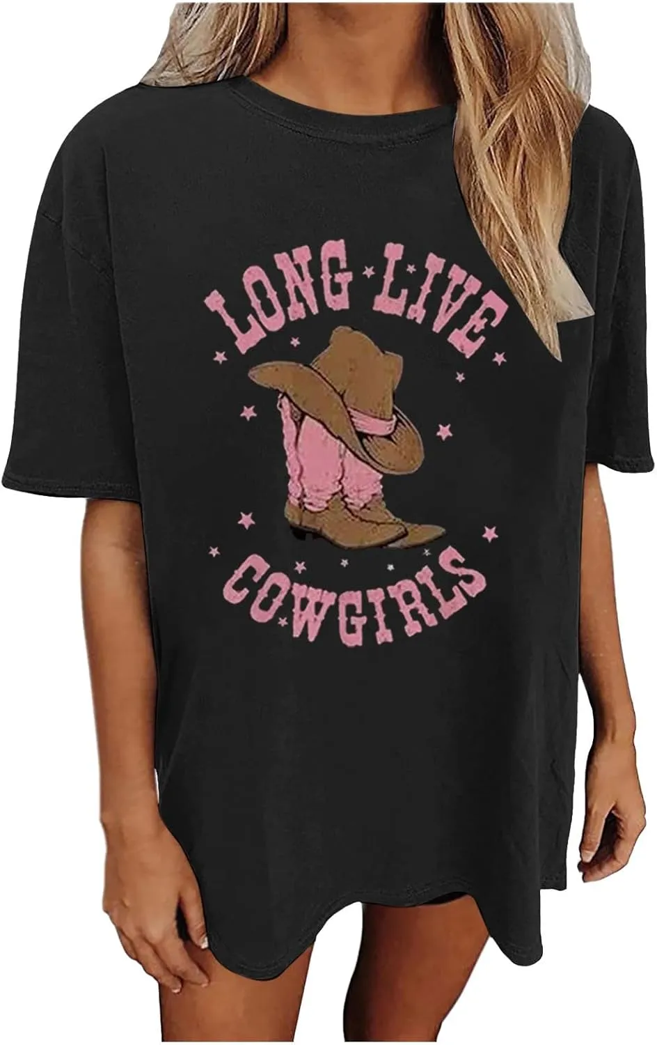 Love Live Cowgirls Tshirts for Women Letter Printed Crew Neck Short Sleeve Drop Shoulder T Shirt Loose Graphic Tees