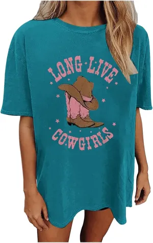 Love Live Cowgirls Tshirts for Women Letter Printed Crew Neck Short Sleeve Drop Shoulder T Shirt Loose Graphic Tees