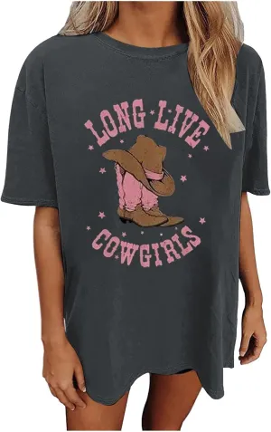Love Live Cowgirls Tshirts for Women Letter Printed Crew Neck Short Sleeve Drop Shoulder T Shirt Loose Graphic Tees