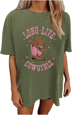 Love Live Cowgirls Tshirts for Women Letter Printed Crew Neck Short Sleeve Drop Shoulder T Shirt Loose Graphic Tees
