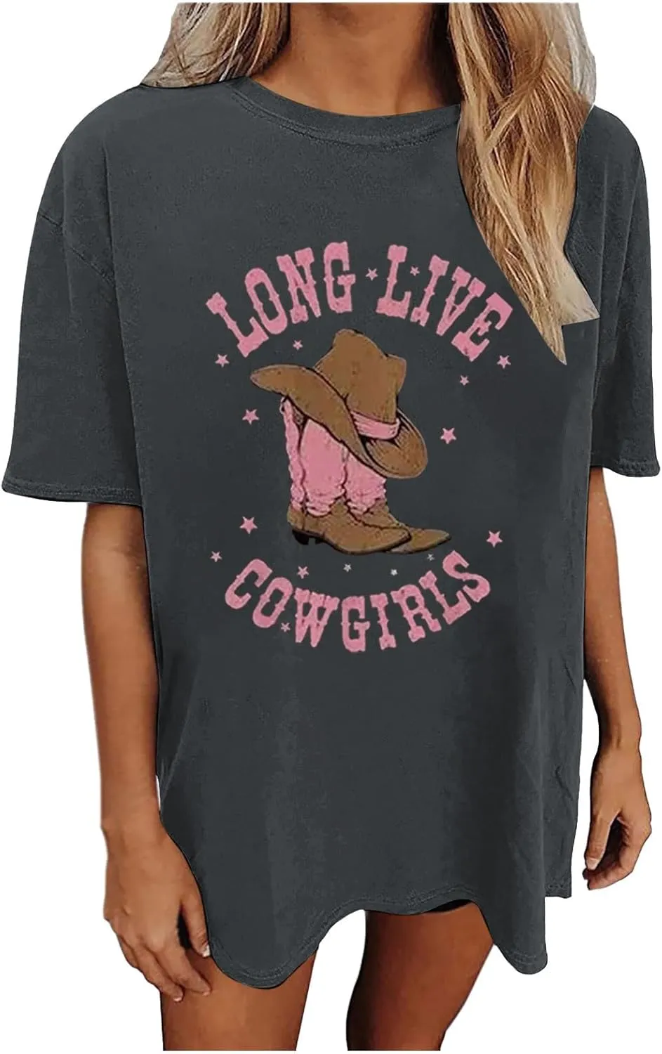 Love Live Cowgirls Tshirts for Women Letter Printed Crew Neck Short Sleeve Drop Shoulder T Shirt Loose Graphic Tees