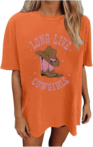 Love Live Cowgirls Tshirts for Women Letter Printed Crew Neck Short Sleeve Drop Shoulder T Shirt Loose Graphic Tees