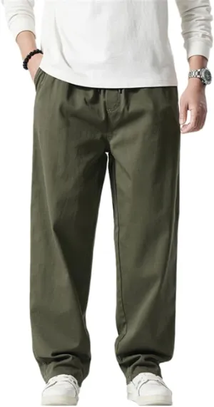 LUOBANIU Mens Straight-fit Cotton Linen Drawstring Pants Elastic Waist Jogger Trousers Loose Fit Baggy Casual Pants