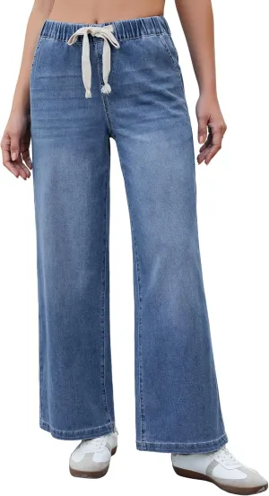 luvamia Wide Leg Jeans Woman High Waisted Trendy Pull On Elastic Waist Drawstring Stretchy Denim Jean Pants with Pockets