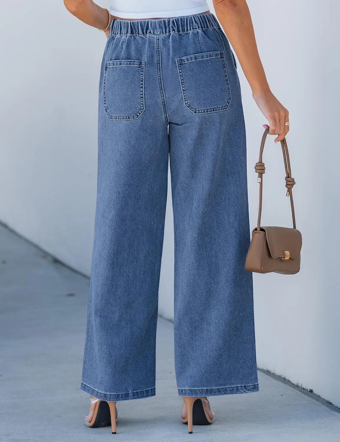 luvamia Wide Leg Jeans Woman High Waisted Trendy Pull On Elastic Waist Drawstring Stretchy Denim Jean Pants with Pockets