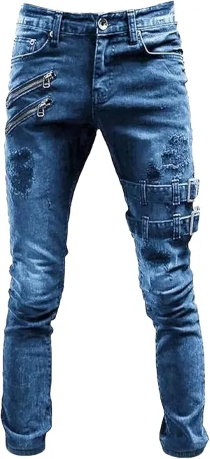 Maiyifu-GJ Mens Distressed Biker Jeans Ripped Punk Gothic Zipper Denim Pants Hip Hop Tapered Leg Slim Fit Jeans Pant
