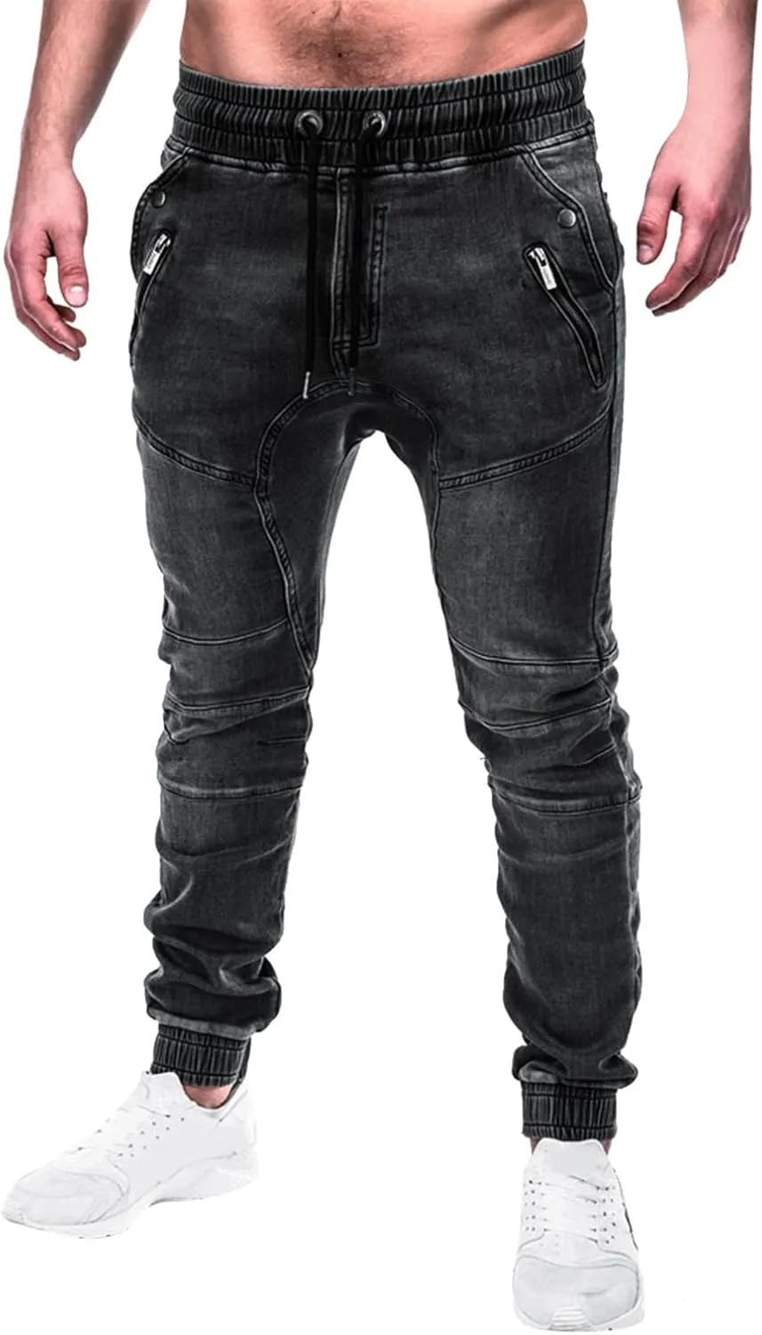Male Casual Fashion Plus Size Pocket Drawstring Waist Solid Color Slim Toe Jeans Skinny Slim Fit Mens Jeans Mens