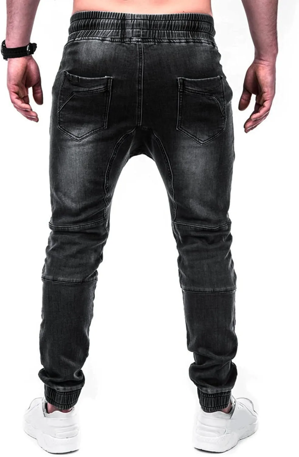 Male Casual Fashion Plus Size Pocket Drawstring Waist Solid Color Slim Toe Jeans Skinny Slim Fit Mens Jeans Mens