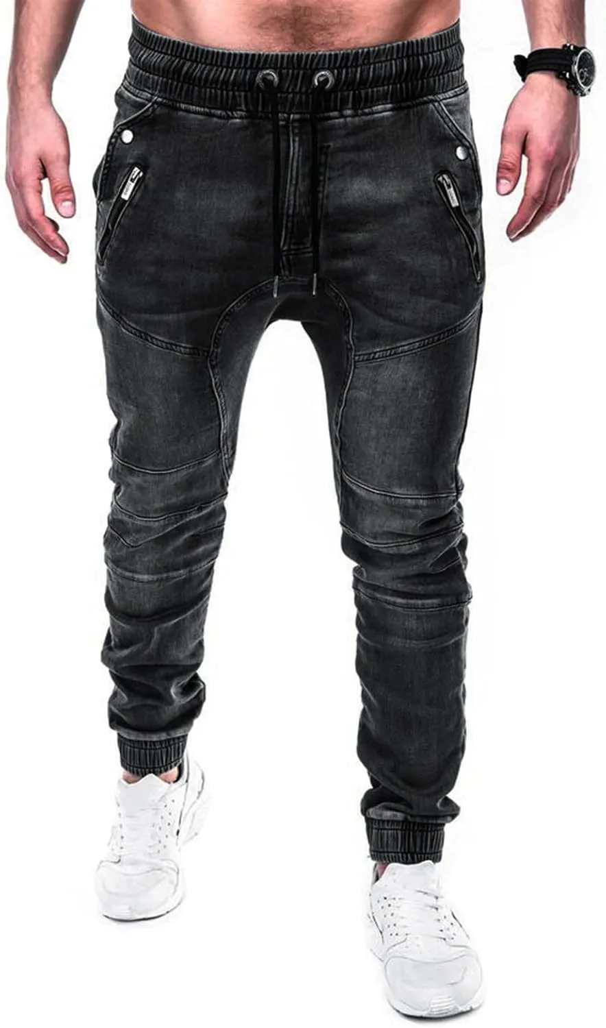 Male Casual Fashion Plus Size Pocket Drawstring Waist Solid Color Slim Toe Jeans Skinny Slim Fit Mens Jeans Mens