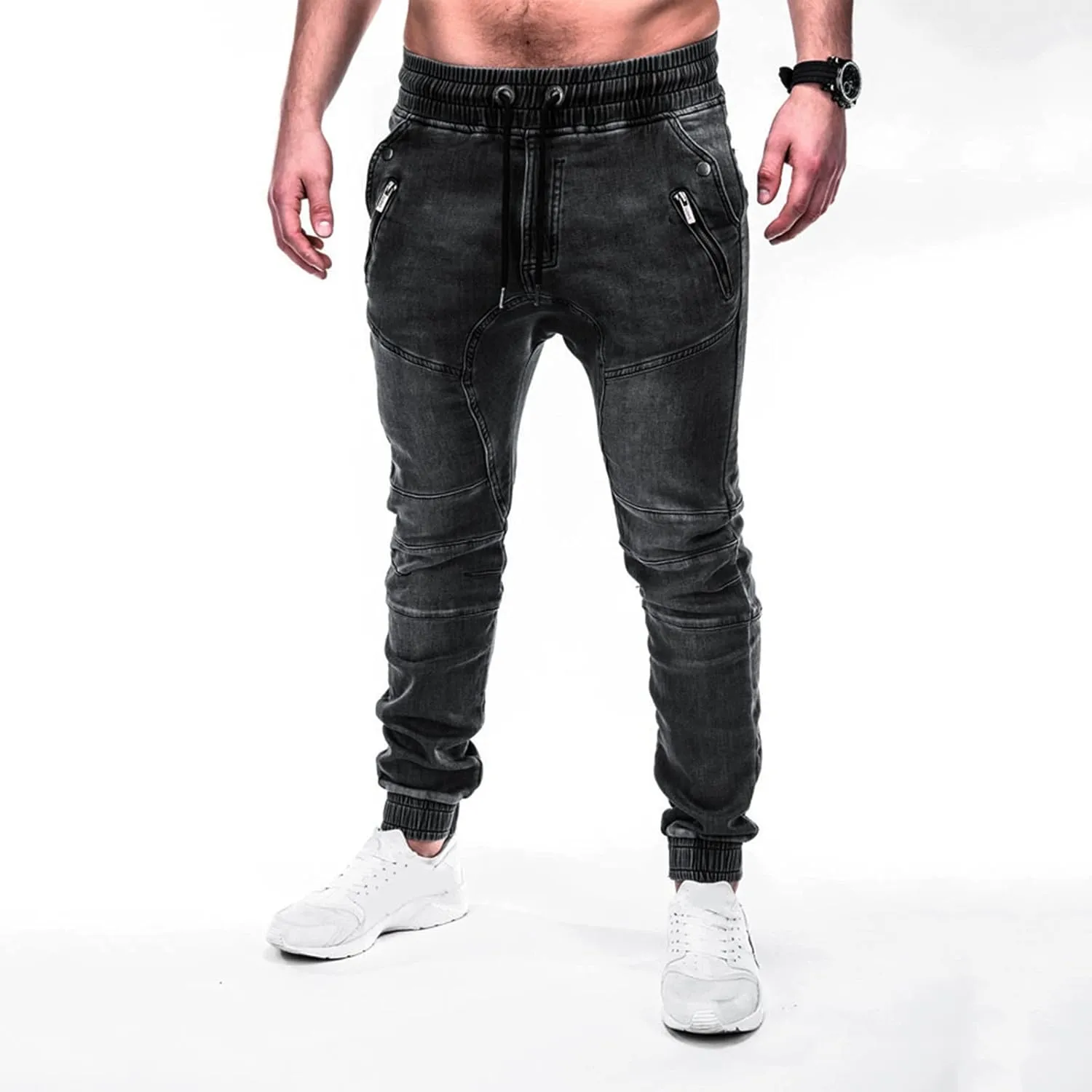 Male Casual Fashion Plus Size Pocket Drawstring Waist Solid Color Slim Toe Jeans Skinny Slim Fit Mens Jeans Mens