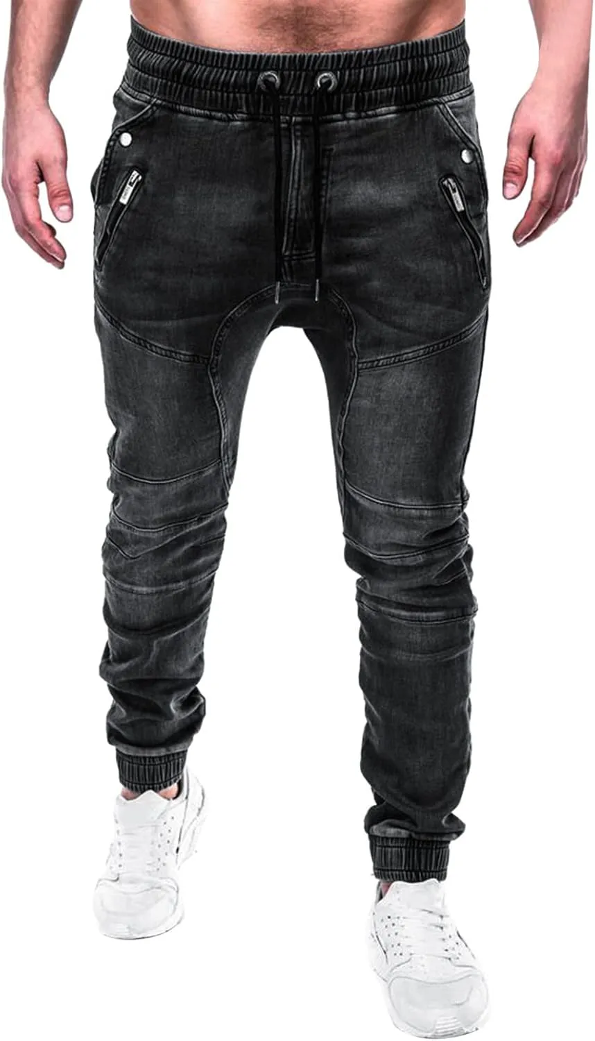 Male Casual Fashion Plus Size Pocket Drawstring Waist Solid Color Slim Toe Jeans Skinny Slim Fit Mens Jeans Mens