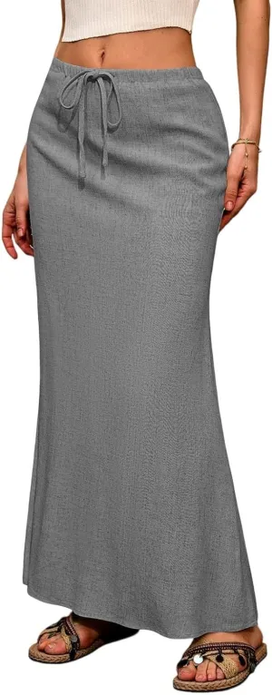 Maxi Linen Flare Skirts for Women Trendy Summer with Slit Drawstring Elastic Waist Long Flowy Low Rise A Line Skorts