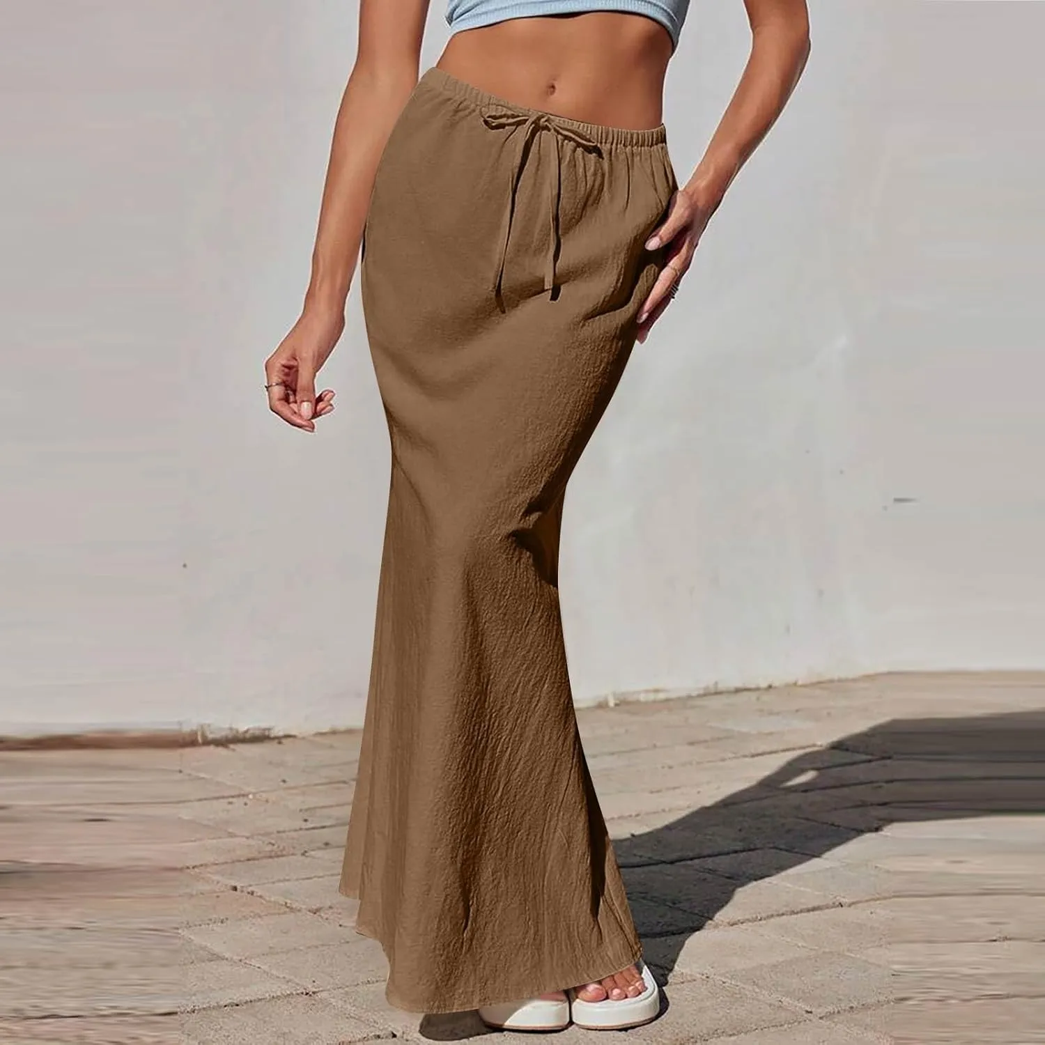 Maxi Linen Flare Skirts for Women Trendy Summer with Slit Drawstring Elastic Waist Long Flowy Low Rise A Line Skorts