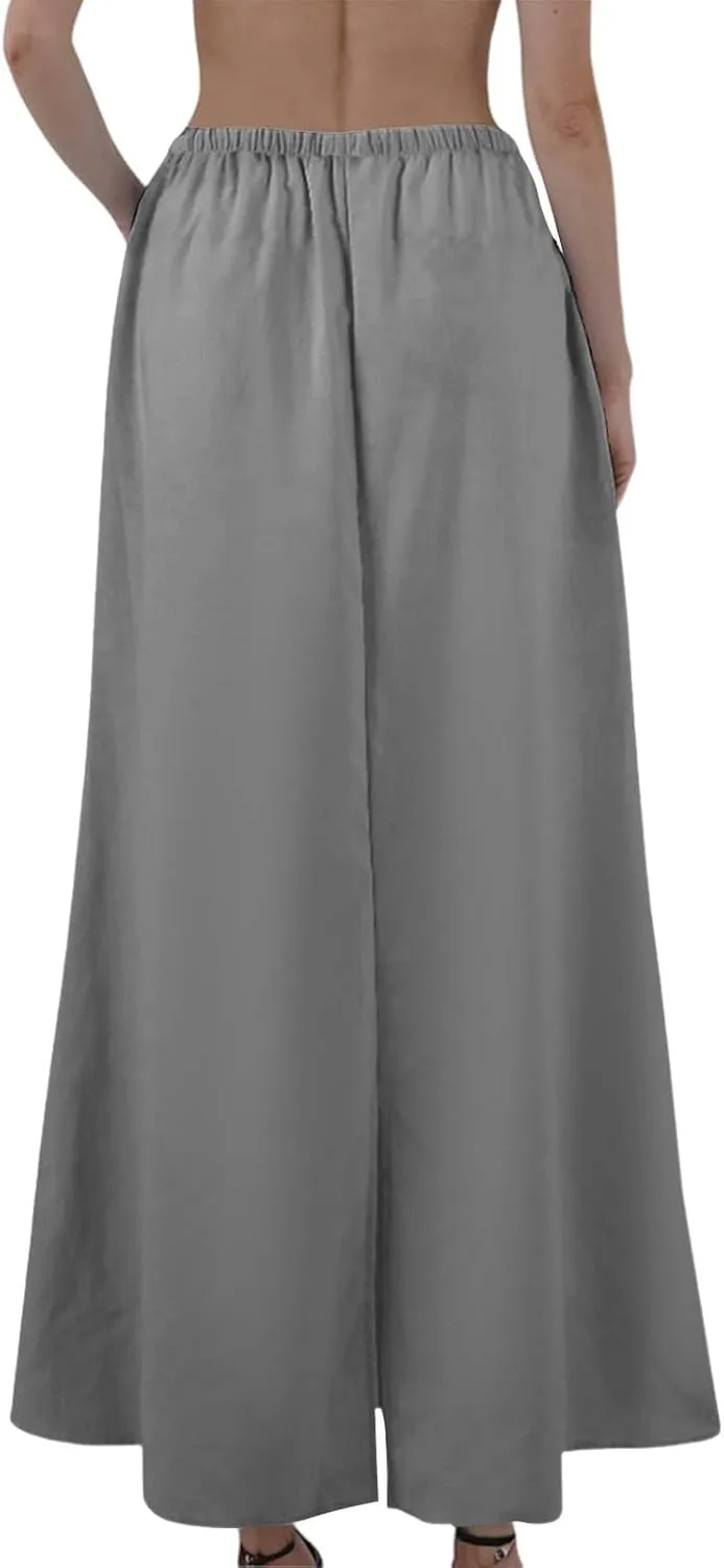Maxi Linen Flare Skirts for Women Trendy Summer with Slit Drawstring Elastic Waist Long Flowy Low Rise A Line Skorts