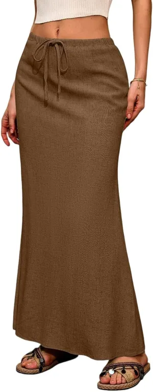 Maxi Linen Flare Skirts for Women Trendy Summer with Slit Drawstring Elastic Waist Long Flowy Low Rise A Line Skorts