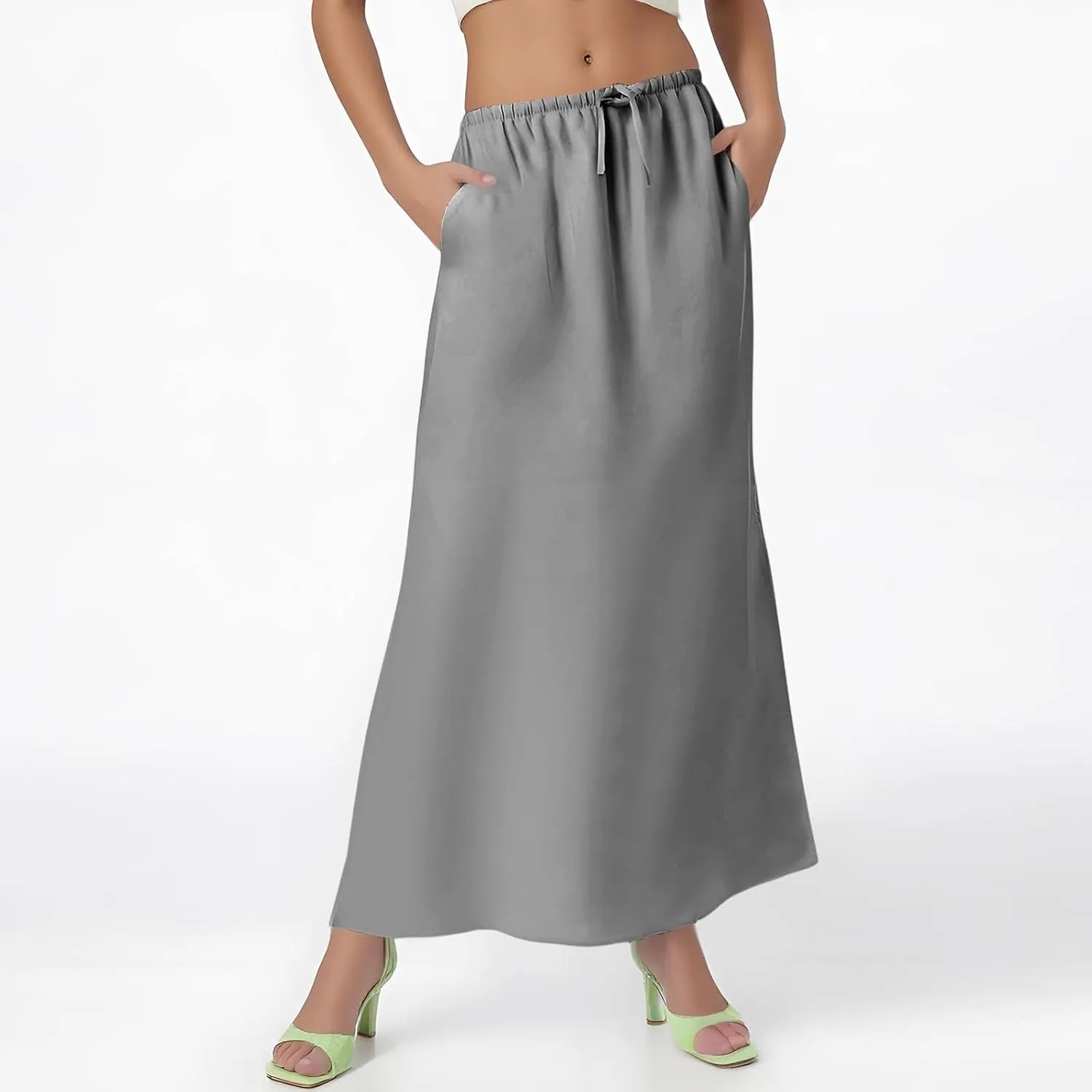 Maxi Linen Flare Skirts for Women Trendy Summer with Slit Drawstring Elastic Waist Long Flowy Low Rise A Line Skorts