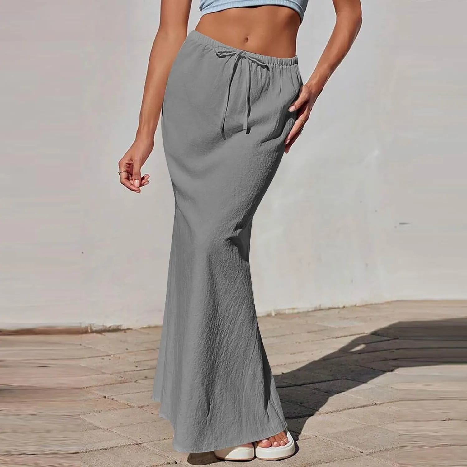 Maxi Linen Flare Skirts for Women Trendy Summer with Slit Drawstring Elastic Waist Long Flowy Low Rise A Line Skorts