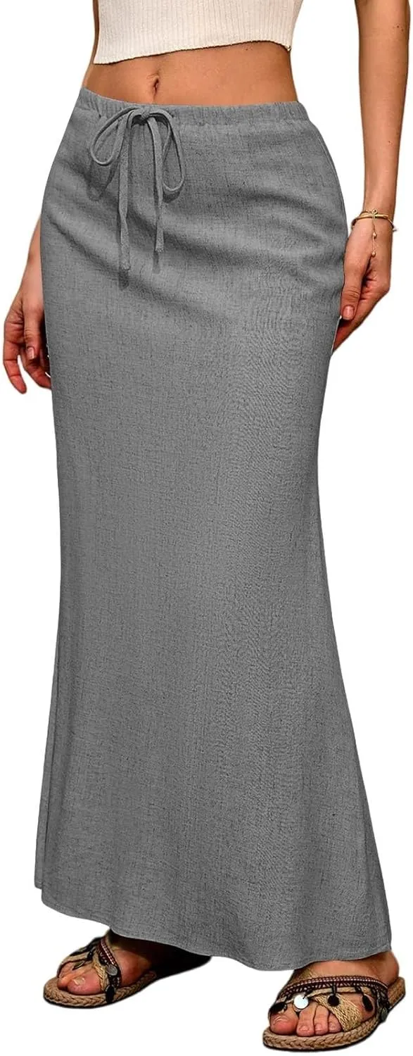 Maxi Linen Flare Skirts for Women Trendy Summer with Slit Drawstring Elastic Waist Long Flowy Low Rise A Line Skorts