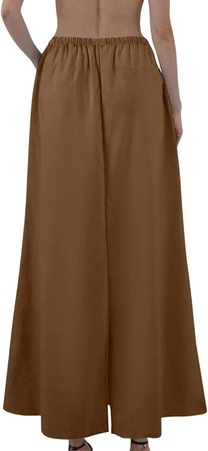 Maxi Linen Flare Skirts for Women Trendy Summer with Slit Drawstring Elastic Waist Long Flowy Low Rise A Line Skorts