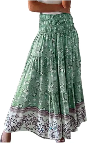 Maxi Skirts for Women 2025 Summer Drawstring High Waisted A-Line Skirts Work Layered Tiered Smocked Skirt Long