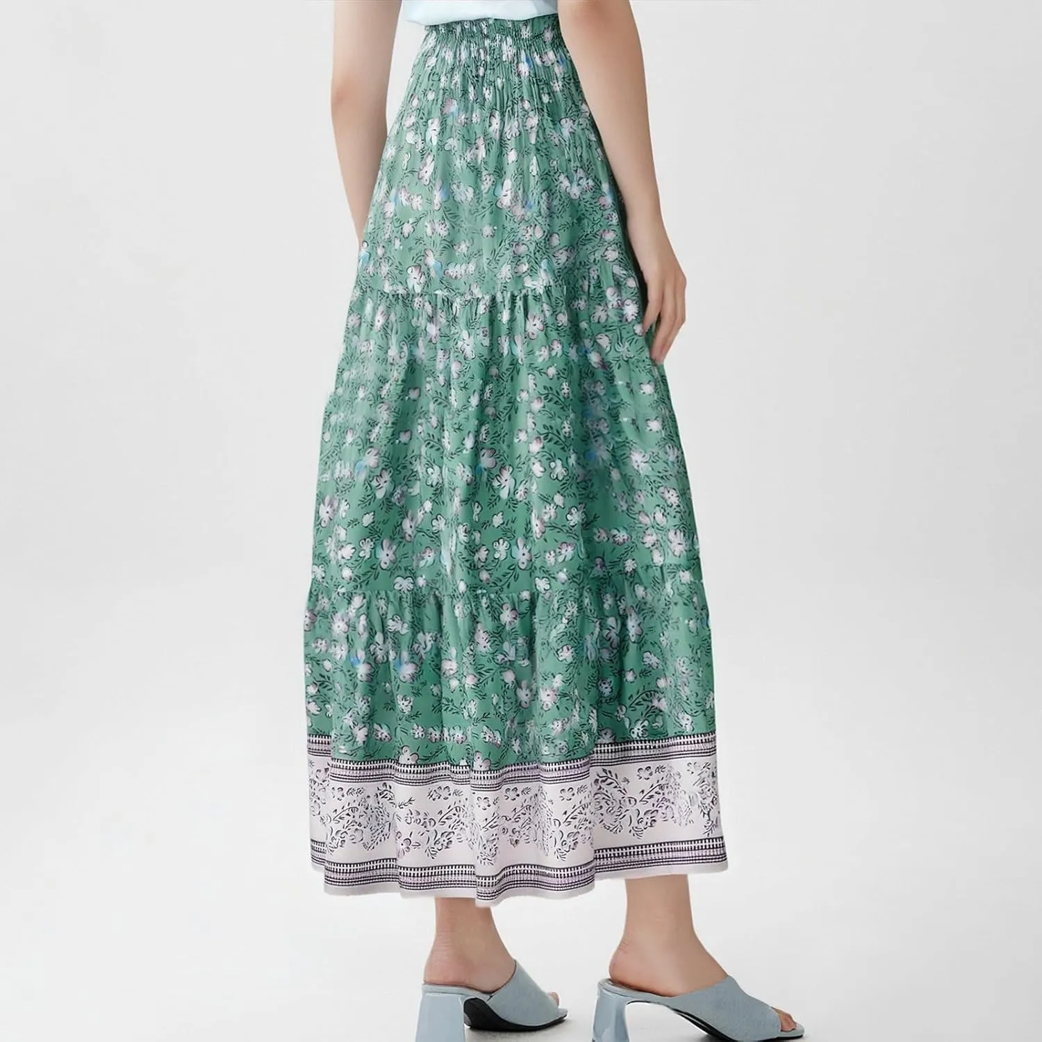 Maxi Skirts for Women 2025 Summer Drawstring High Waisted A-Line Skirts Work Layered Tiered Smocked Skirt Long