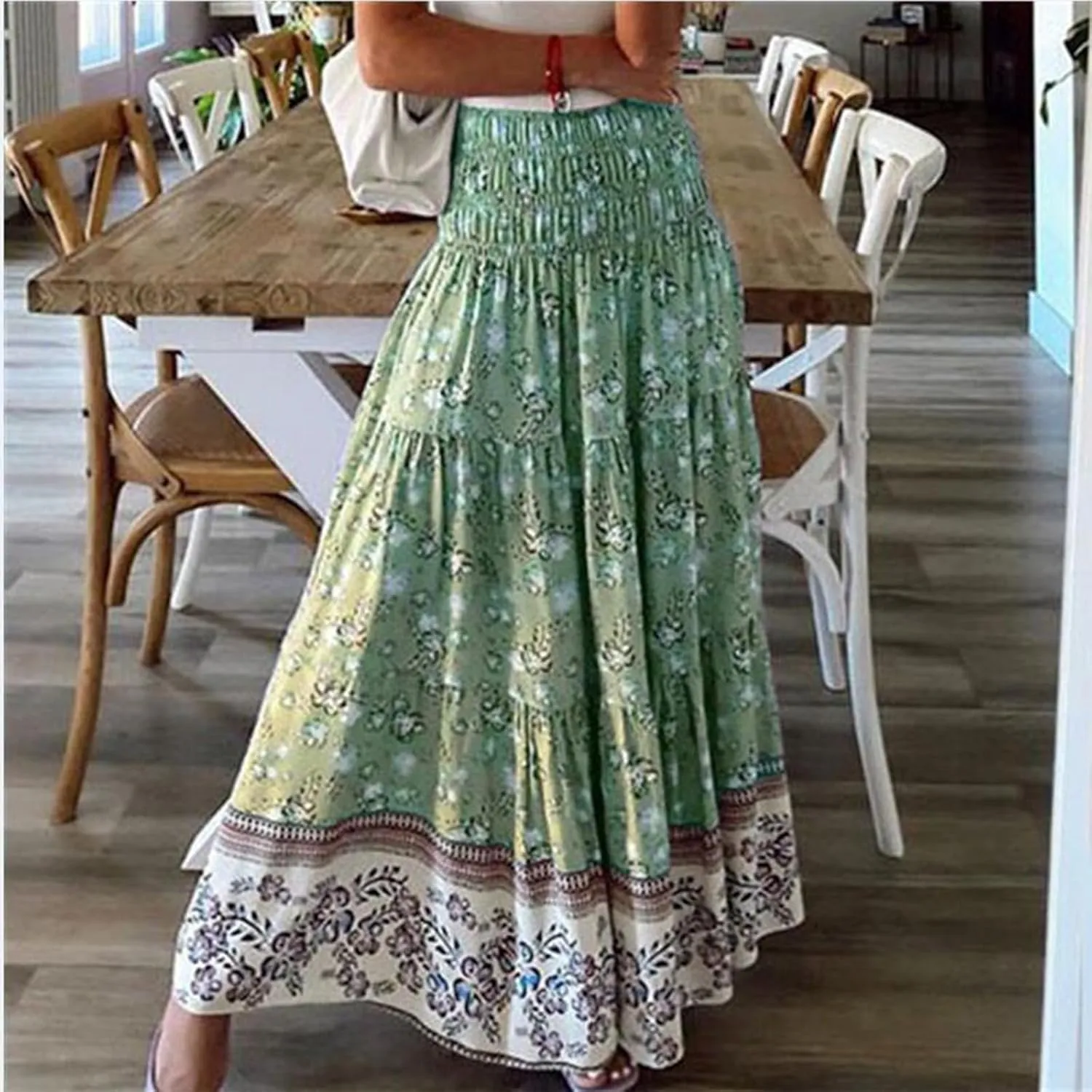 Maxi Skirts for Women 2025 Summer Drawstring High Waisted A-Line Skirts Work Layered Tiered Smocked Skirt Long