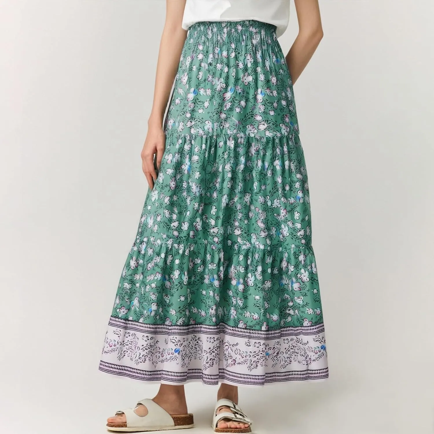Maxi Skirts for Women 2025 Summer Drawstring High Waisted A-Line Skirts Work Layered Tiered Smocked Skirt Long