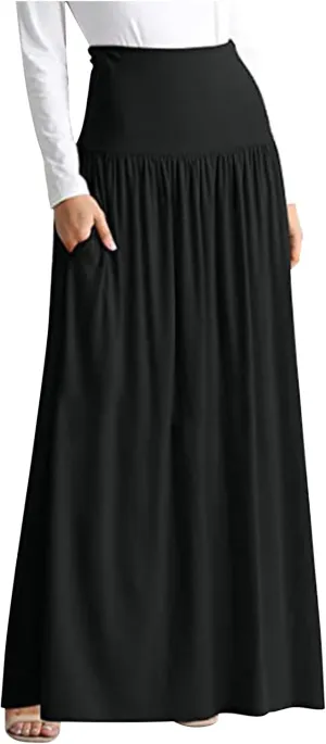 Maxi Skirts for Women, High Waisted Smocked Pleated Long Skirt with Pocket Plus Size Stretch Flowy Shirring Skirt S-4XL