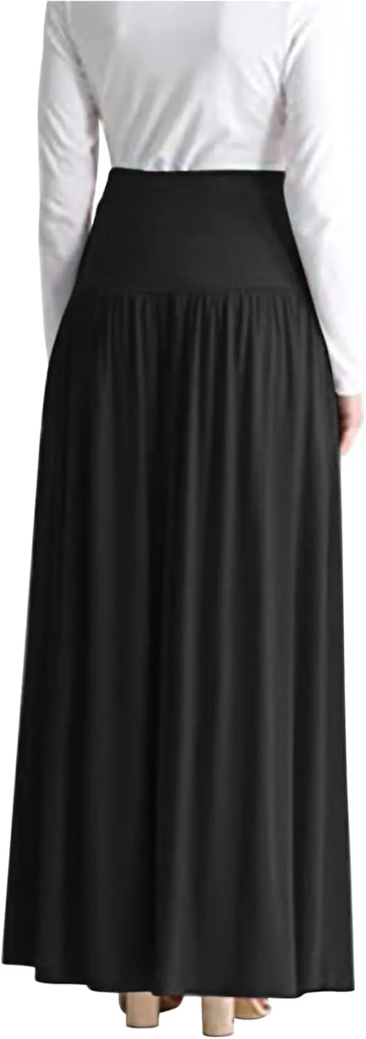 Maxi Skirts for Women, High Waisted Smocked Pleated Long Skirt with Pocket Plus Size Stretch Flowy Shirring Skirt S-4XL