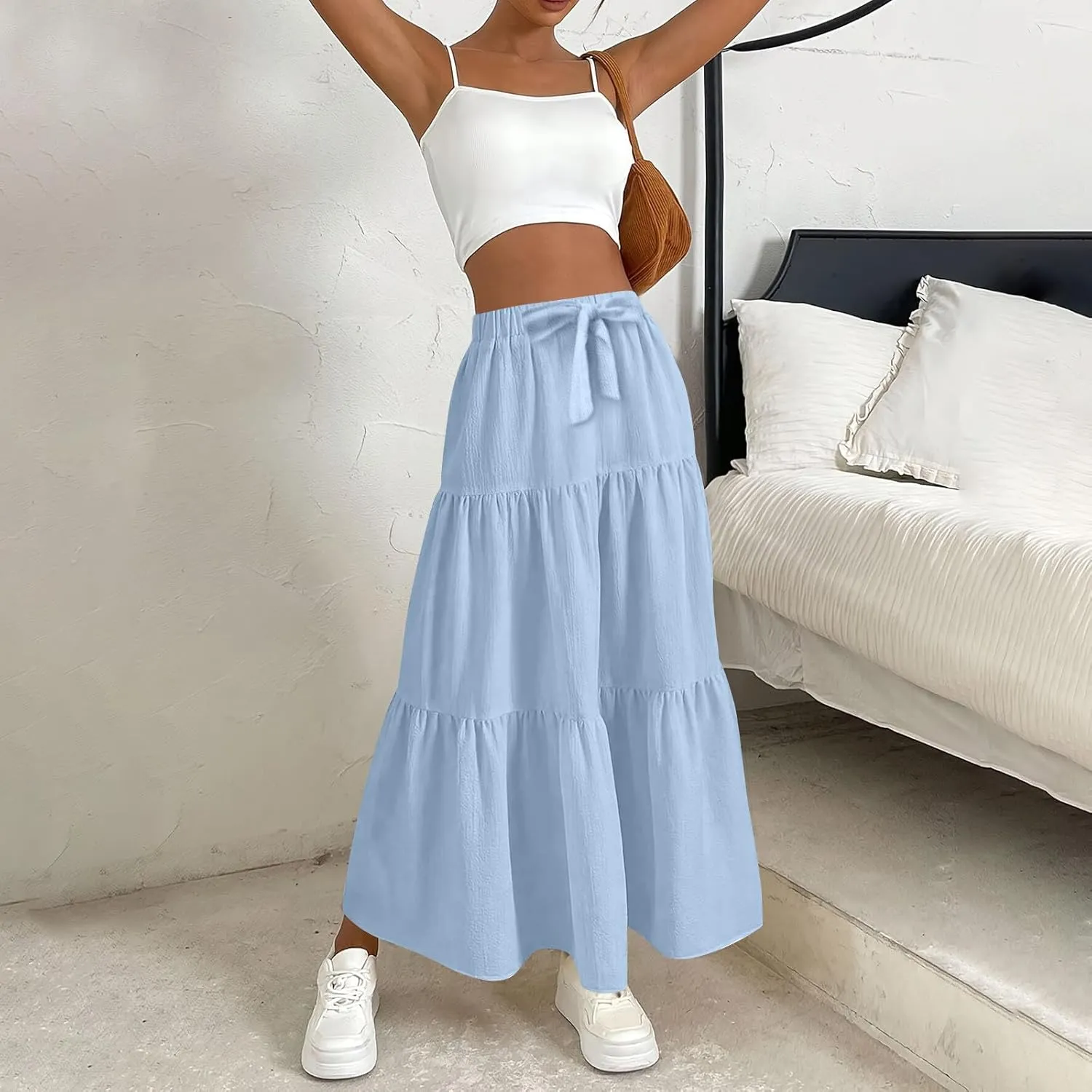 Maxi Skirts for Women Summer Drawstring Elastic High Waisted Ruffle Layered Tiered A Line Skirts Work Long Skirt