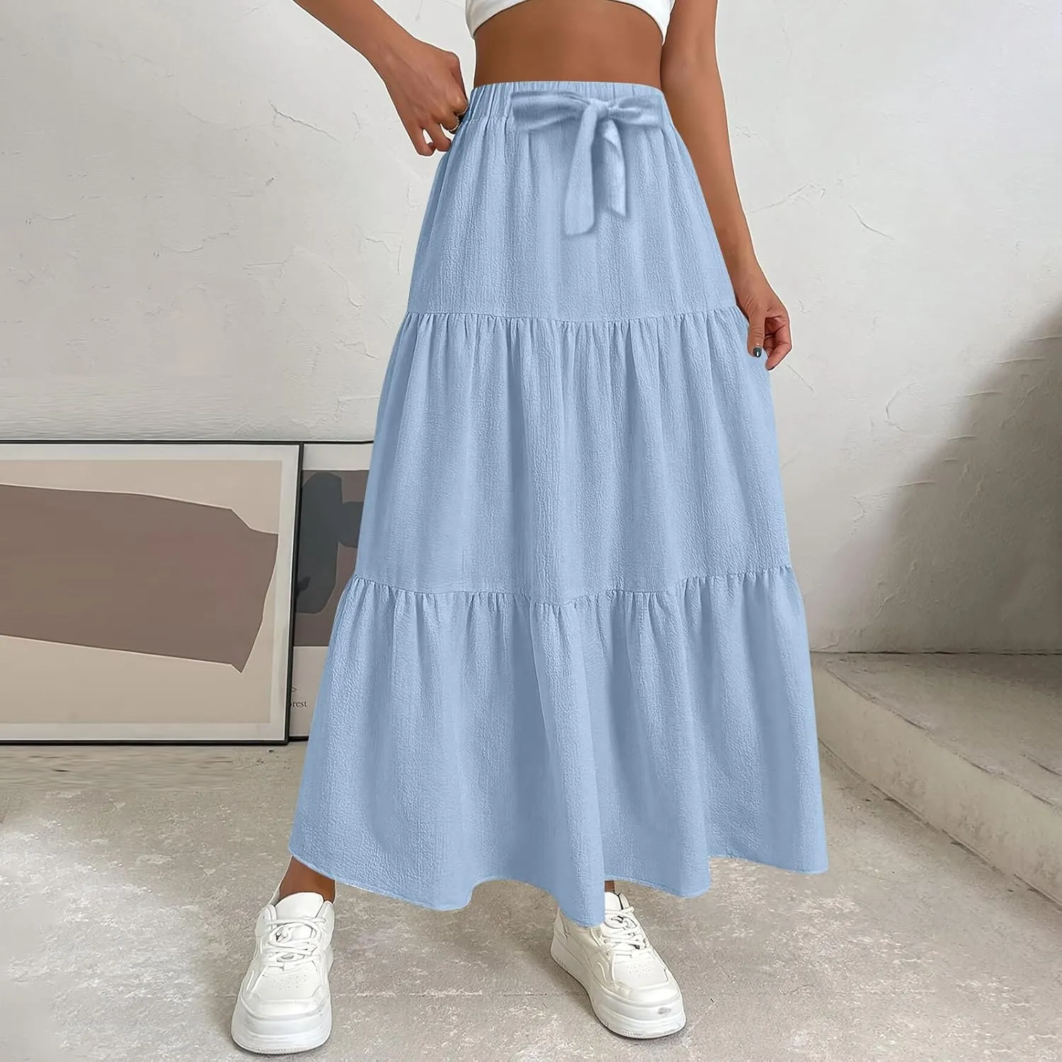 Maxi Skirts for Women Summer Drawstring Elastic High Waisted Ruffle Layered Tiered A Line Skirts Work Long Skirt