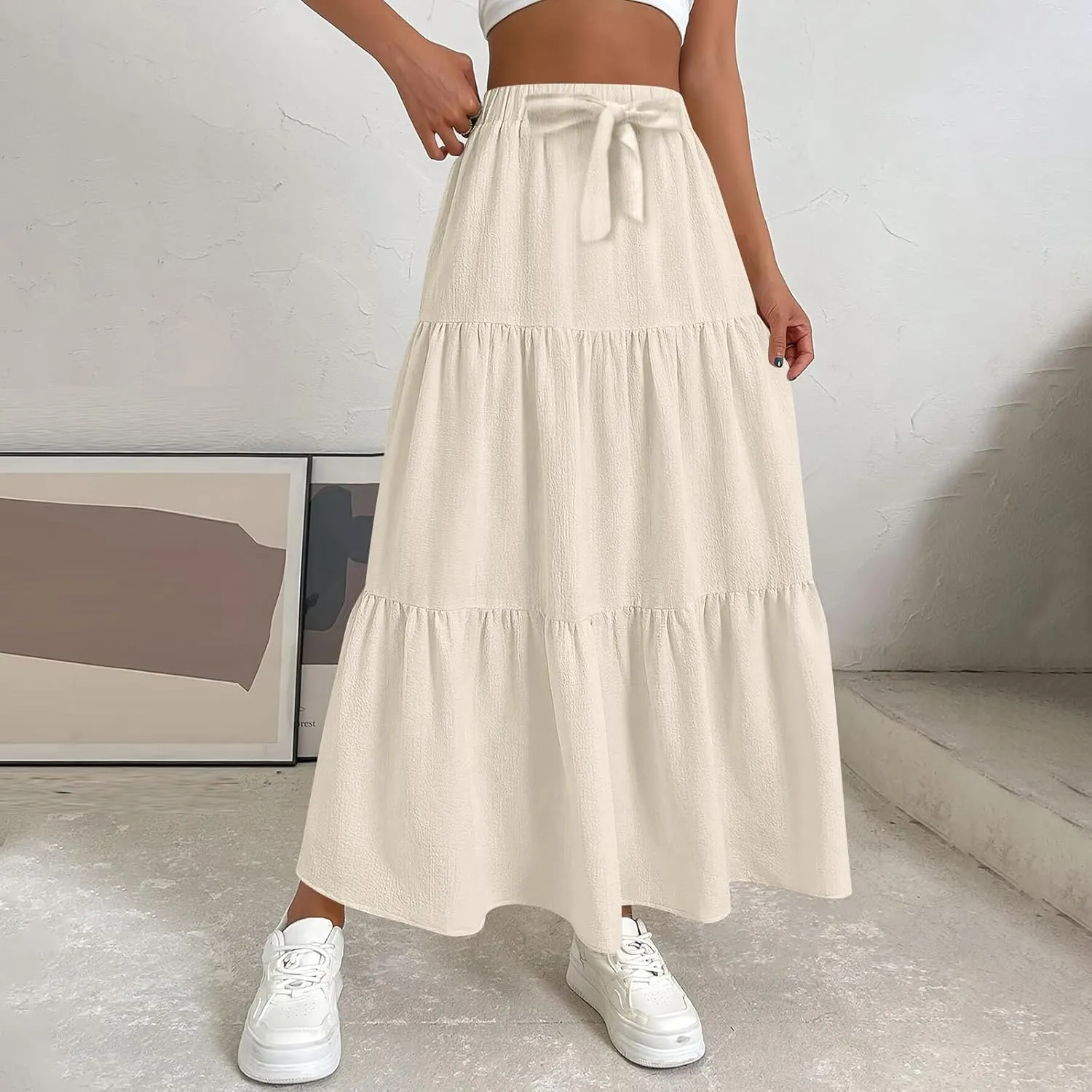 Maxi Skirts for Women Summer Drawstring Elastic High Waisted Ruffle Layered Tiered A Line Skirts Work Long Skirt