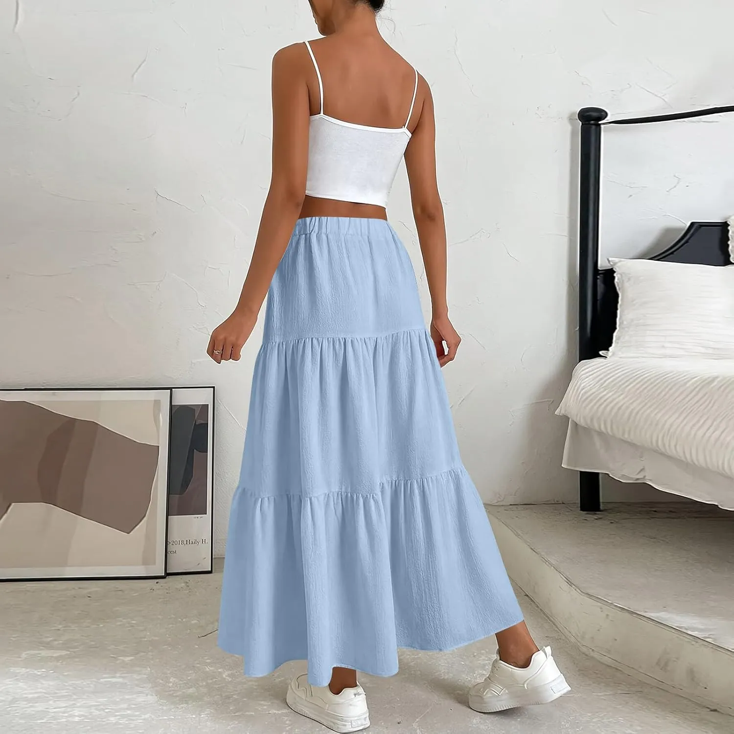 Maxi Skirts for Women Summer Drawstring Elastic High Waisted Ruffle Layered Tiered A Line Skirts Work Long Skirt