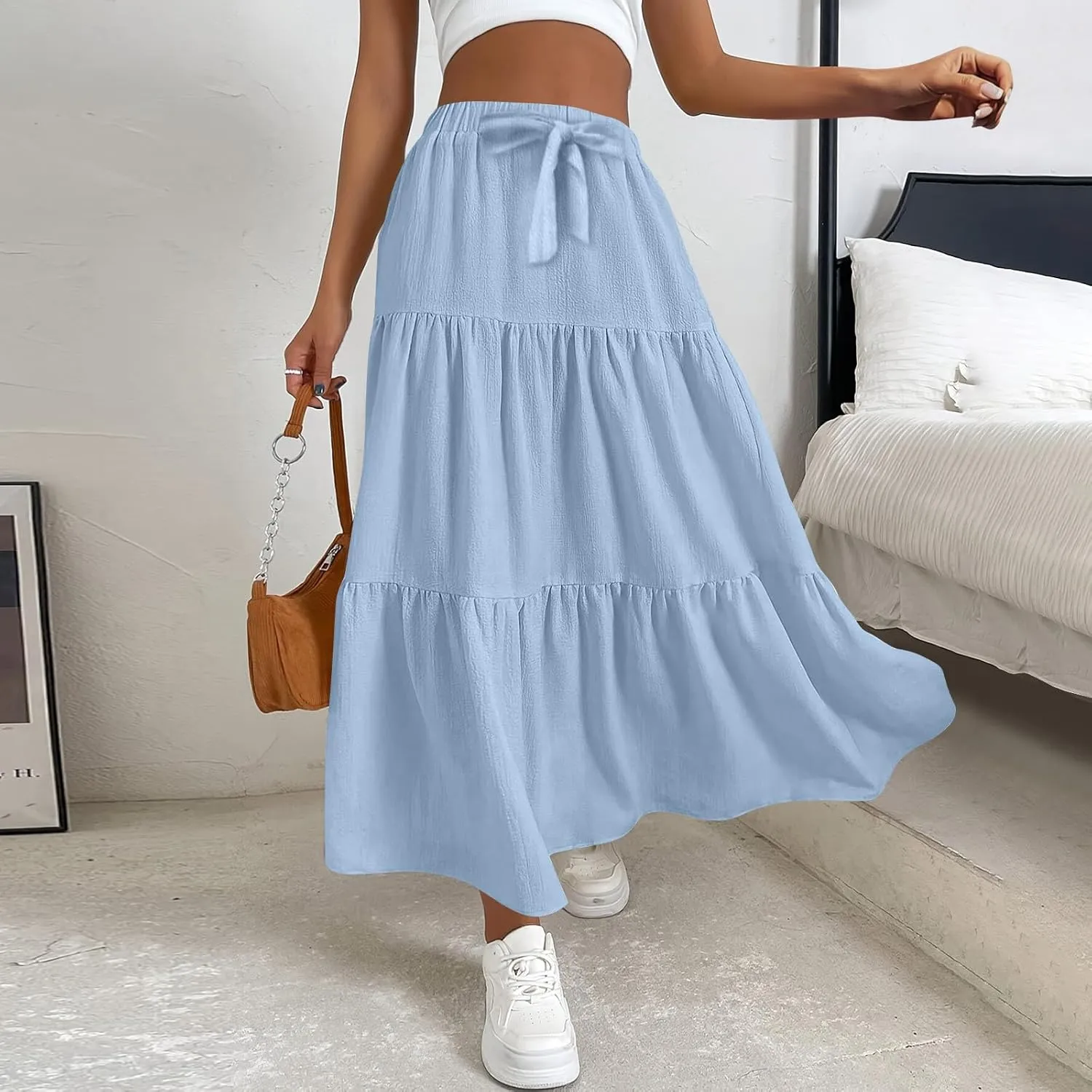 Maxi Skirts for Women Summer Drawstring Elastic High Waisted Ruffle Layered Tiered A Line Skirts Work Long Skirt
