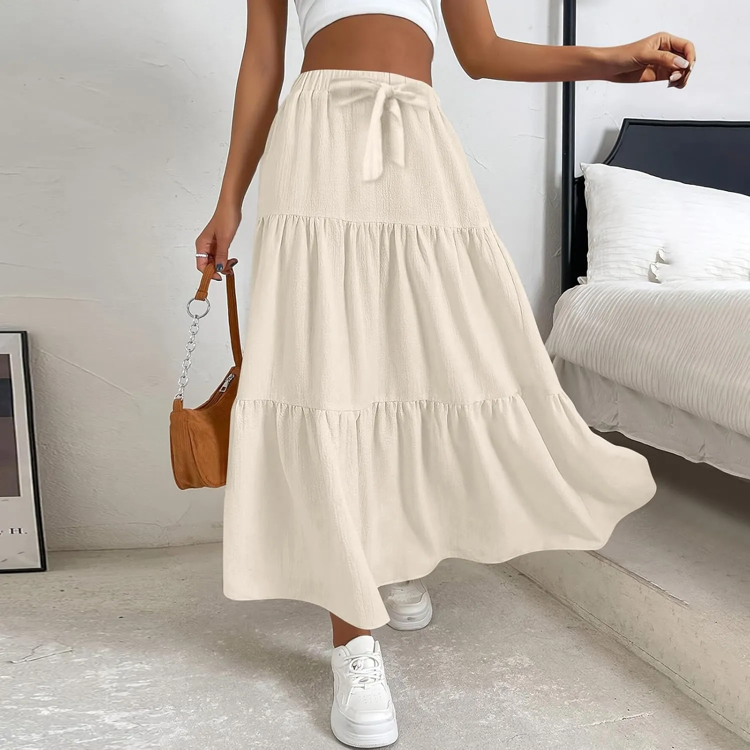 Maxi Skirts for Women Summer Drawstring Elastic High Waisted Ruffle Layered Tiered A Line Skirts Work Long Skirt
