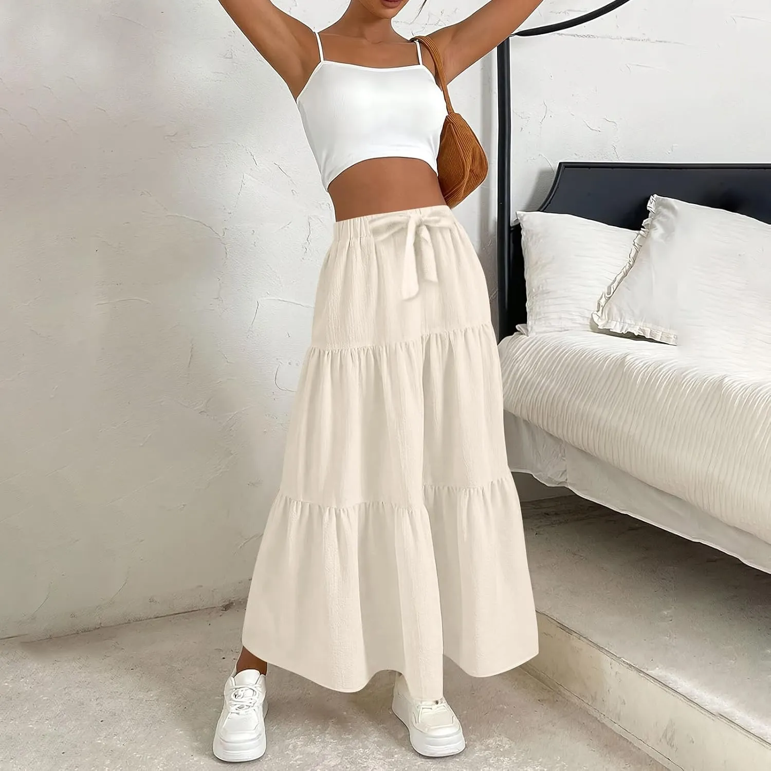 Maxi Skirts for Women Summer Drawstring Elastic High Waisted Ruffle Layered Tiered A Line Skirts Work Long Skirt