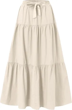 Maxi Skirts for Women Summer Drawstring Elastic High Waisted Ruffle Layered Tiered A Line Skirts Work Long Skirt