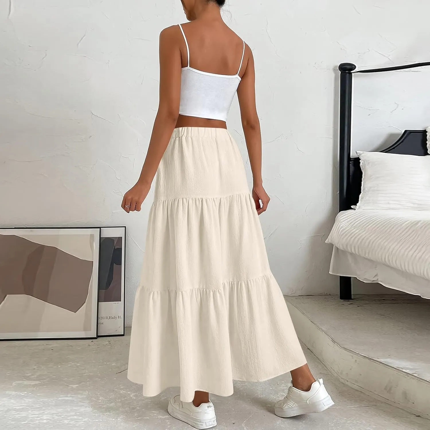 Maxi Skirts for Women Summer Drawstring Elastic High Waisted Ruffle Layered Tiered A Line Skirts Work Long Skirt