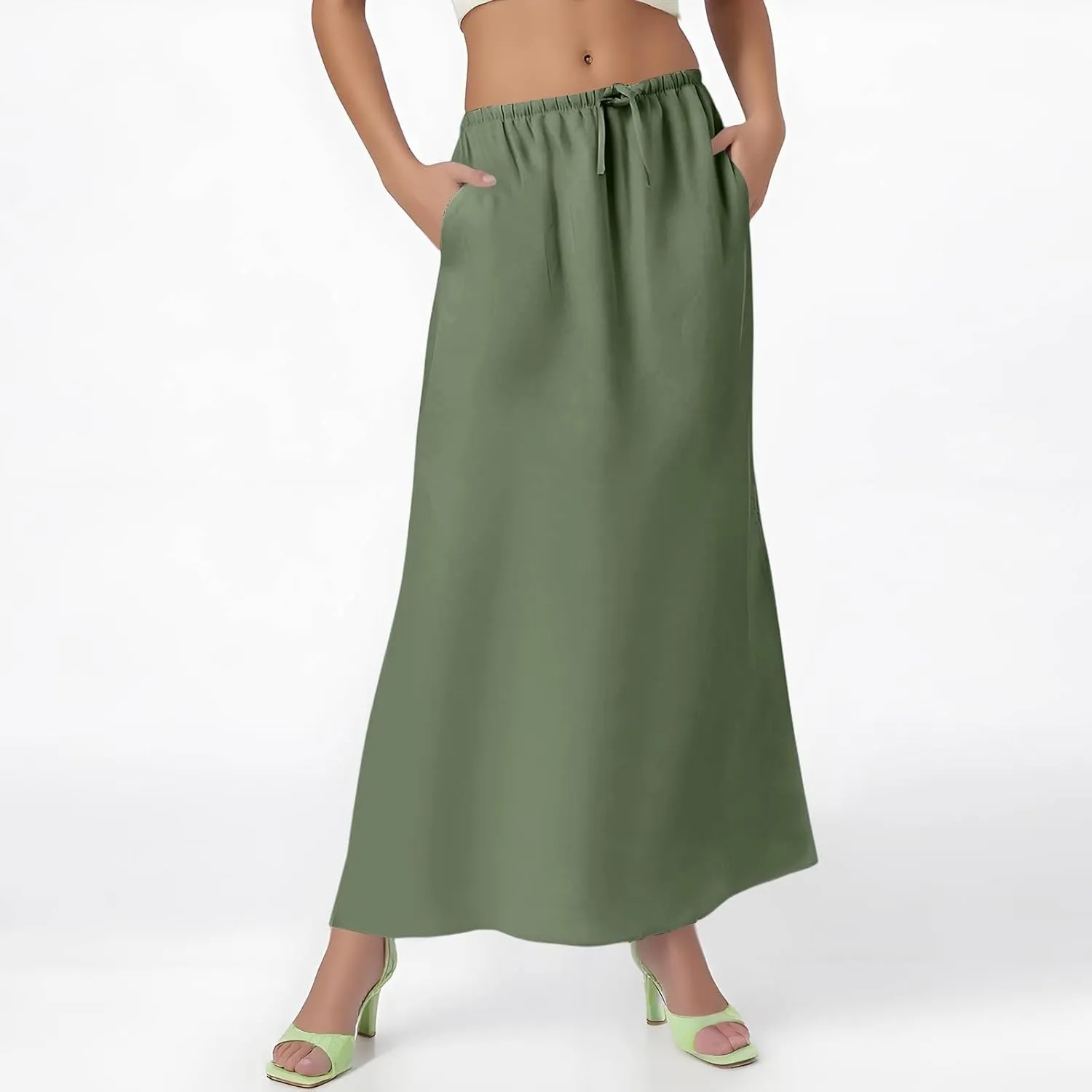 Maxi Skirts for Women Trendy Summer Boho Low Rise Drawstring Cotton Linen Skirts Casual Cute Flowy Long Fishtail Skirt